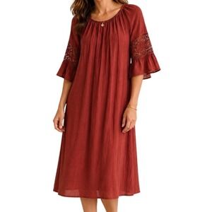 Indigo Rose Women Rust Boho Crochet Bell Sleeve Midi Dress Medium Flare Sleeve